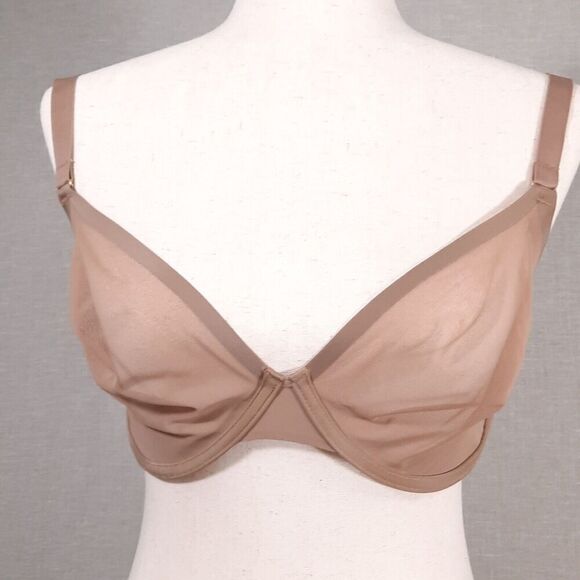 CUUP The Plunge Bra Size 32H NWOT Sheer Mesh Taupe Gold Hardware Triple Hook/Eye - Picture 2 of 14